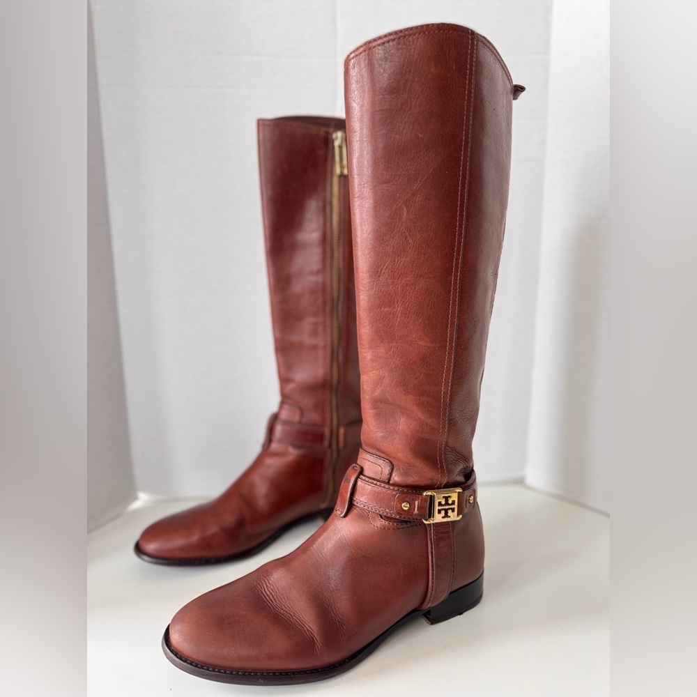 Tory Burch Alessandra Tan Brown Leather Gold Logo Tall Riding Equestrian Boots